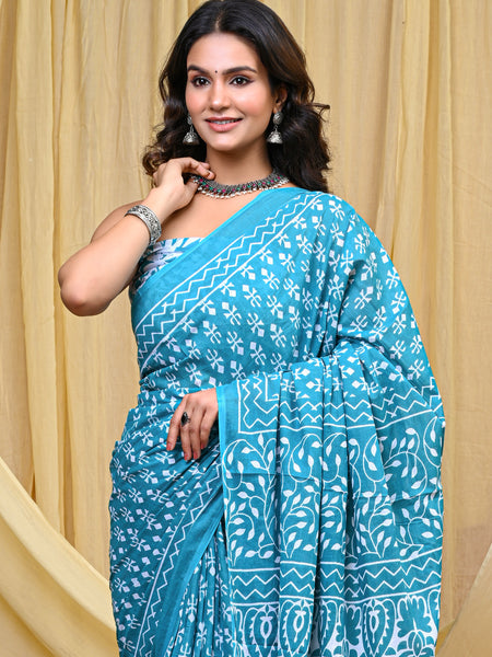 Women's Aqua Blue Trishul Motif Pure Cotton Mulmul Saree - Detail View