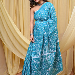Women's Aqua Blue Trishul Motif Pure Cotton Mulmul Saree - Drape View