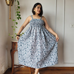 Women Blue Floral Printed Smocked Cotton Midi Dress - Side / Back View