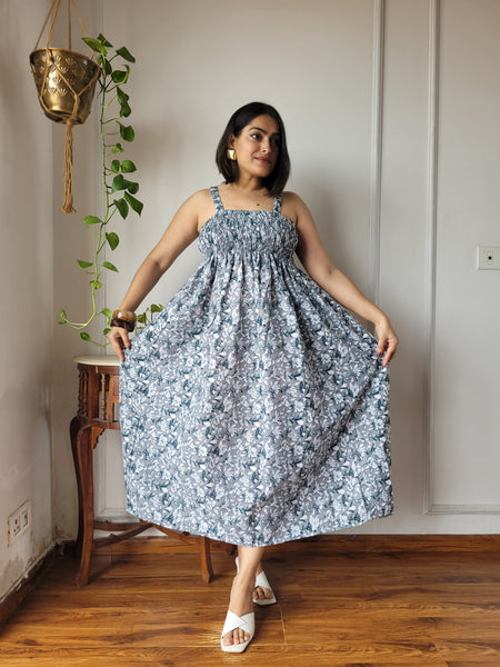 Women Blue Floral Printed Smocked Cotton Midi Dress - Side / Back View