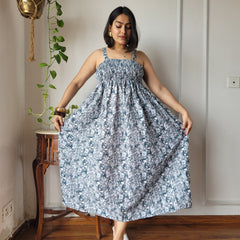 Women Blue Floral Printed Smocked Cotton Midi Dress - Bodice & Fabric Detail View