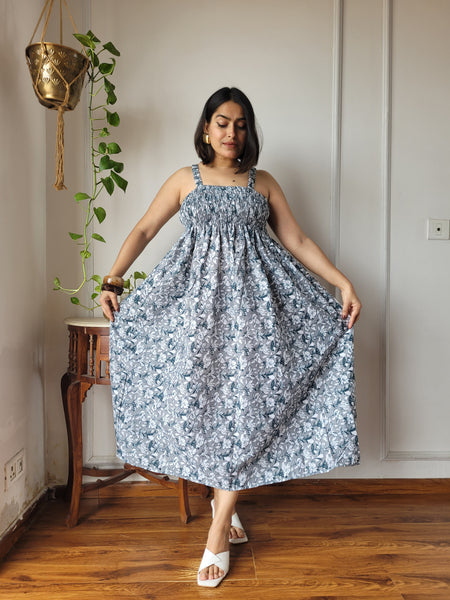 Women Blue Floral Printed Smocked Cotton Midi Dress - Bodice & Fabric Detail View