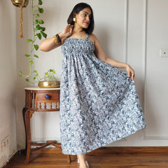 Women Blue Floral Printed Smocked Cotton Midi Dress - Flowy Flare View