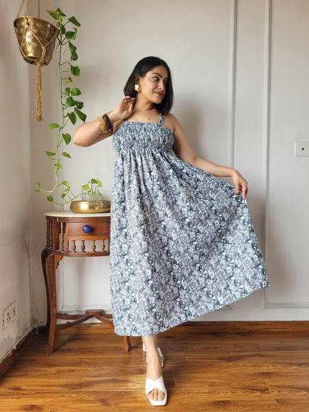 Women Blue Floral Printed Smocked Cotton Midi Dress - Flowy Flare View