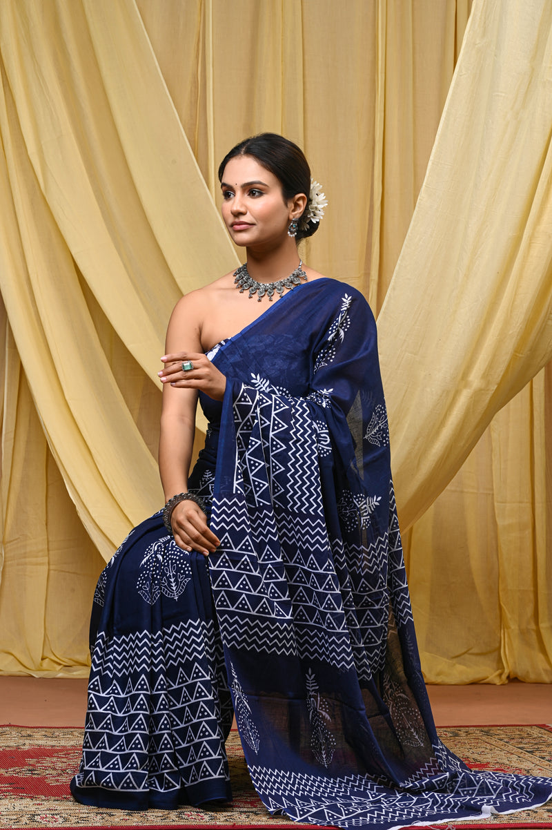 Women's Blue Ikkat & Bagru Print Pure Cotton Mulmul Saree - Front View