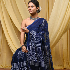 Women's Blue Ikkat & Bagru Print Pure Cotton Mulmul Saree - Front View