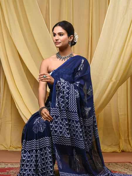 Women's Blue Ikkat & Bagru Print Pure Cotton Mulmul Saree - Front View