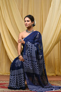 Women's Blue Ikkat & Bagru Print Pure Cotton Mulmul Saree