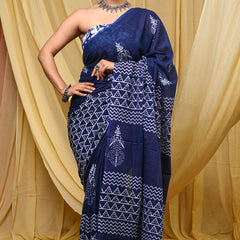 Women's Blue Ikkat & Bagru Print Pure Cotton Mulmul Saree - Side / Back View