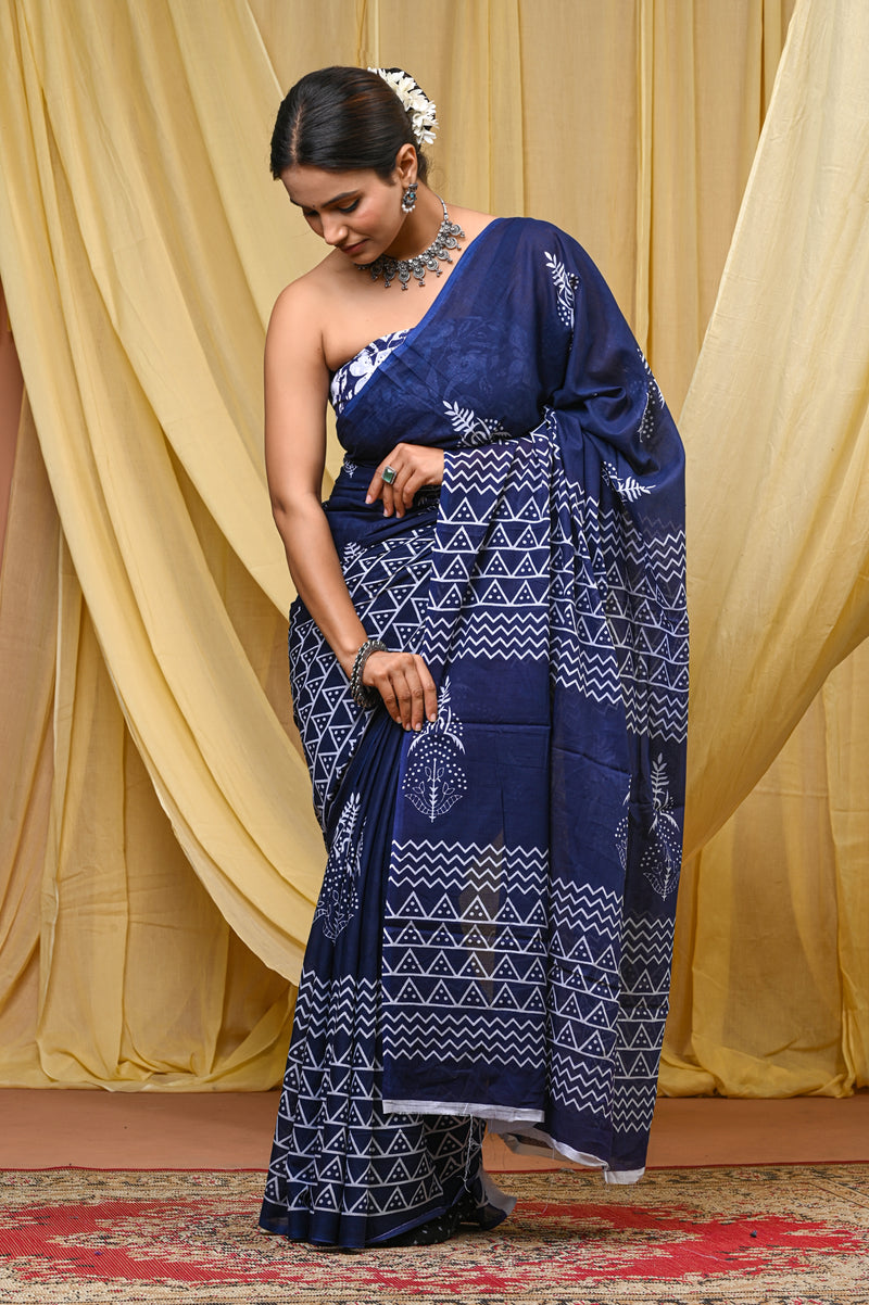Women's Blue Ikkat & Bagru Print Pure Cotton Mulmul Saree - Drape View
