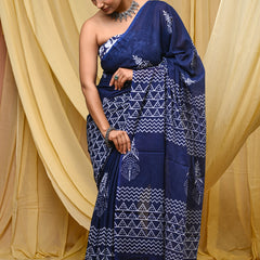 Women's Blue Ikkat & Bagru Print Pure Cotton Mulmul Saree - Drape View