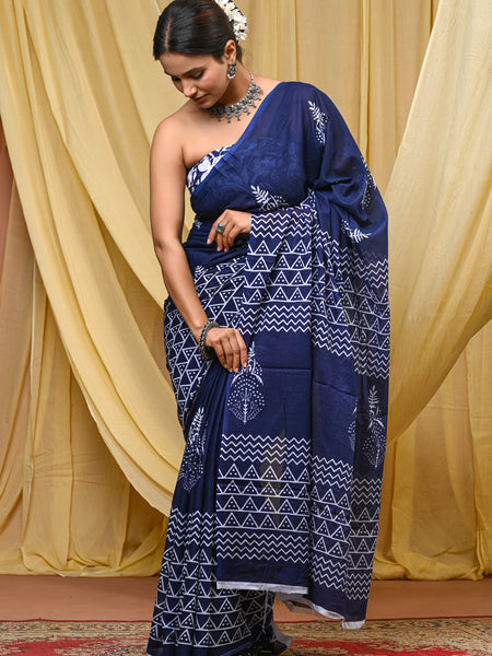 Women's Blue Ikkat & Bagru Print Pure Cotton Mulmul Saree - Drape View