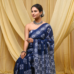 Women's Blue Geometric Box Pattern Pure Cotton Mulmul Saree - Front View