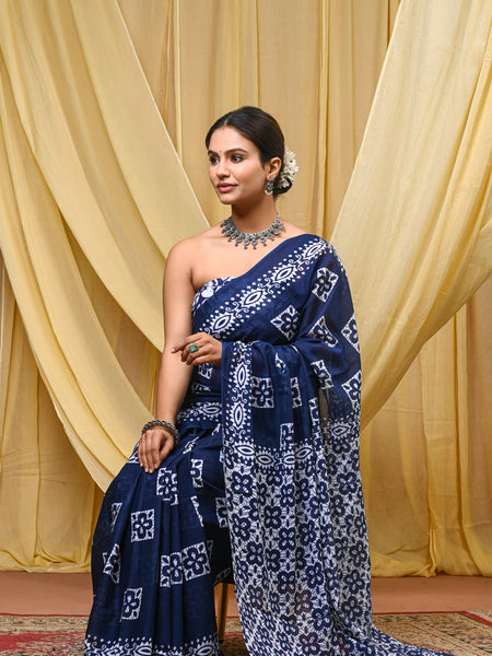 Women's Blue Geometric Box Pattern Pure Cotton Mulmul Saree - Front View