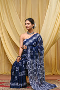 Women's Blue Geometric Pattern Pure Cotton Mulmul Saree