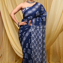 Women's Blue Geometric Box Pattern Pure Cotton Mulmul Saree - Side / Back View