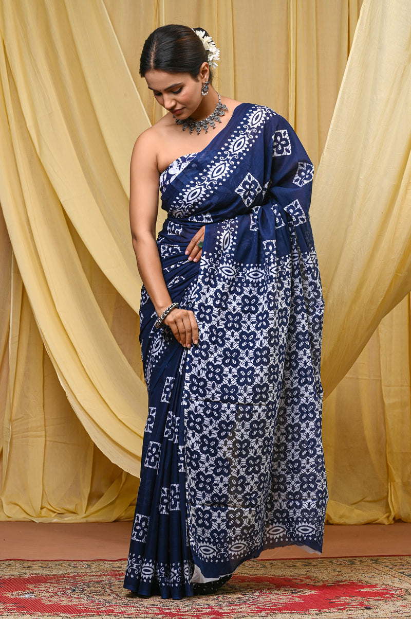 Women's Blue Geometric Box Pattern Pure Cotton Mulmul Saree - Drape View