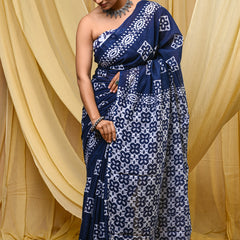 Women's Blue Geometric Box Pattern Pure Cotton Mulmul Saree - Drape View