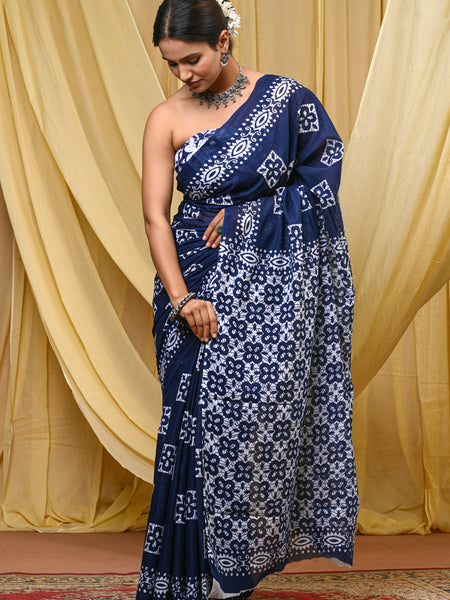 Women's Blue Geometric Box Pattern Pure Cotton Mulmul Saree - Drape View