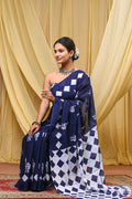 Women's Blue Geometric Box Pattern Pure Cotton Mulmul