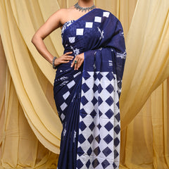 Women's Blue Geometric Box Pattern Pure Cotton Mulmul Saree - Side / Back View
