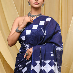 Women's Blue Geometric Box Pattern Pure Cotton Mulmul Saree - Detail View