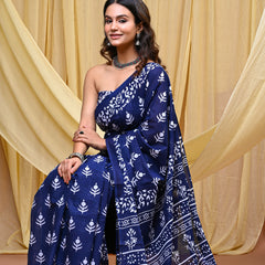 Women's Blue Bold Patta Border Pure Cotton Mulmul Saree - Front View