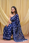 Women's Blue Bold Patta Border Pure Cotton Mulmul Saree