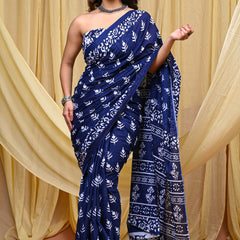 Women's Blue Bold Patta Border Pure Cotton Mulmul Saree - Side / Back View