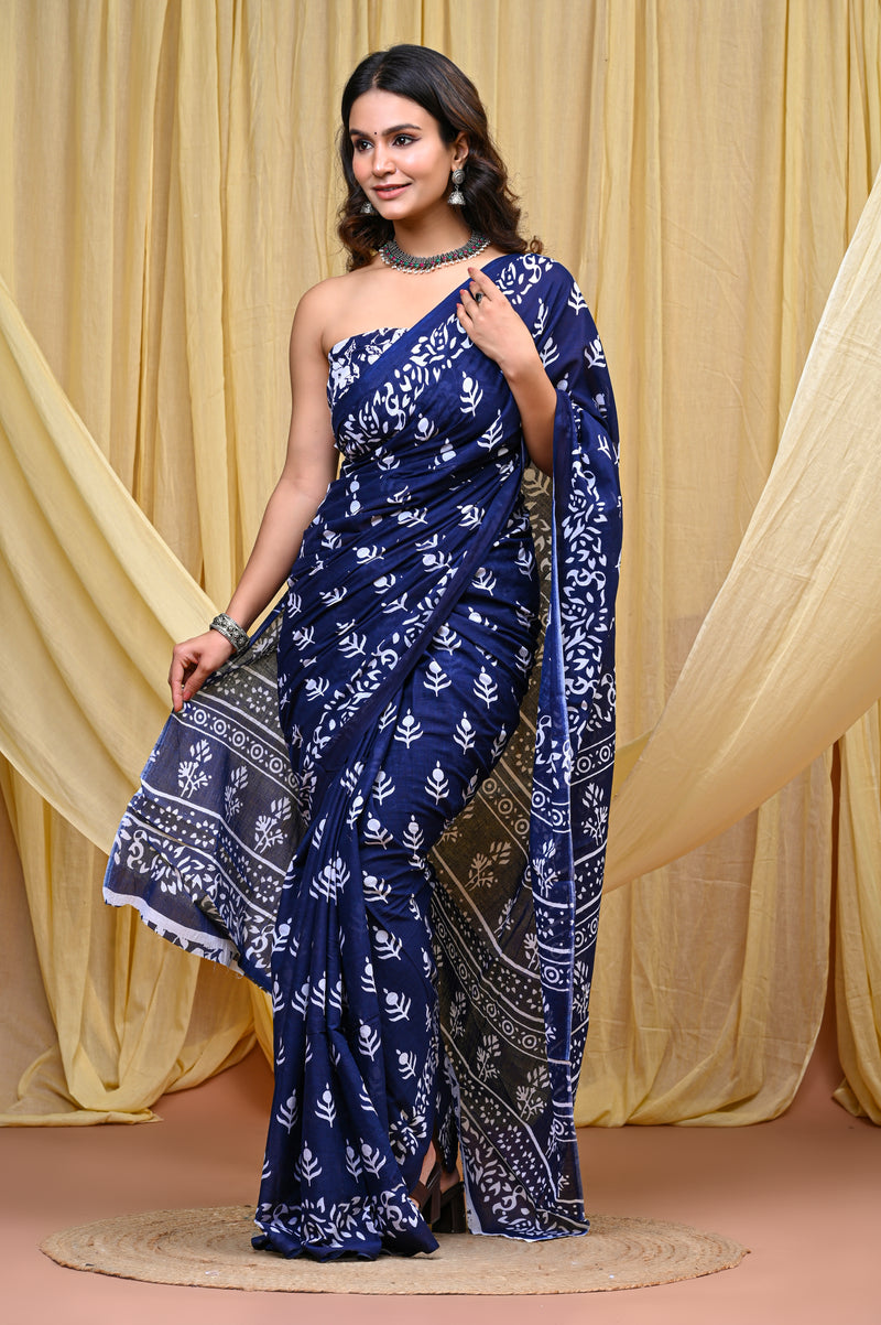 Women's Blue Bold Patta Border Pure Cotton Mulmul Saree - Drape View