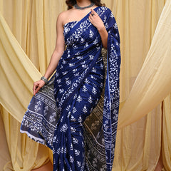 Women's Blue Bold Patta Border Pure Cotton Mulmul Saree - Drape View