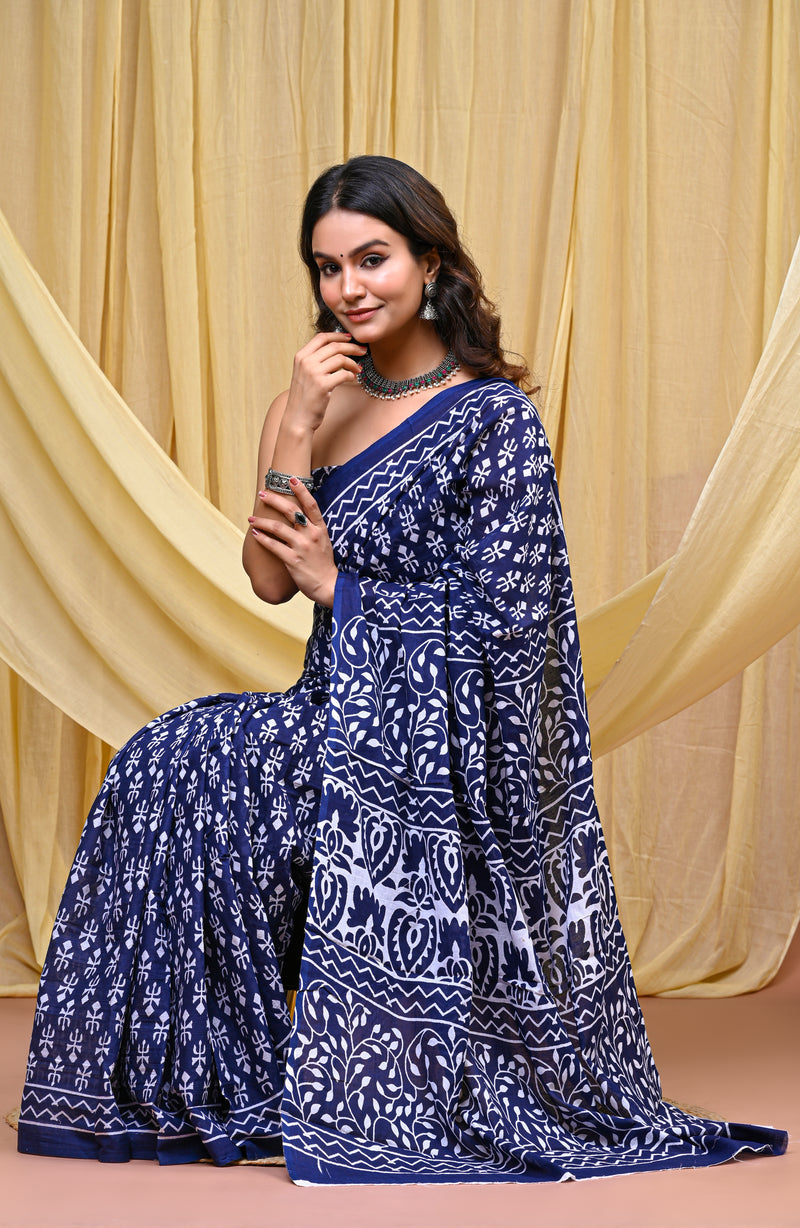 Women's Blue Trishul Motif Pure Cotton Mulmul Saree - Front View