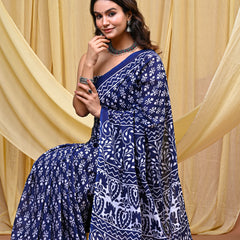 Women's Blue Trishul Motif Pure Cotton Mulmul Saree - Front View