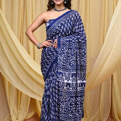 Women's Blue Trishul Motif Pure Cotton Mulmul Saree - Side / Back View