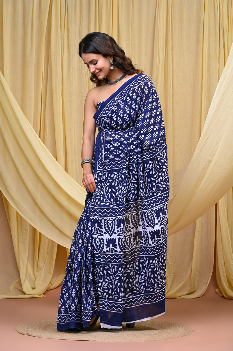 Women's Blue Trishul Motif Pure Cotton Mulmul Saree - Drape View