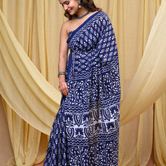 Women's Blue Trishul Motif Pure Cotton Mulmul Saree - Drape View