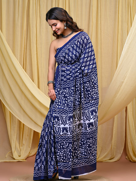 Women's Blue Trishul Motif Pure Cotton Mulmul Saree - Drape View