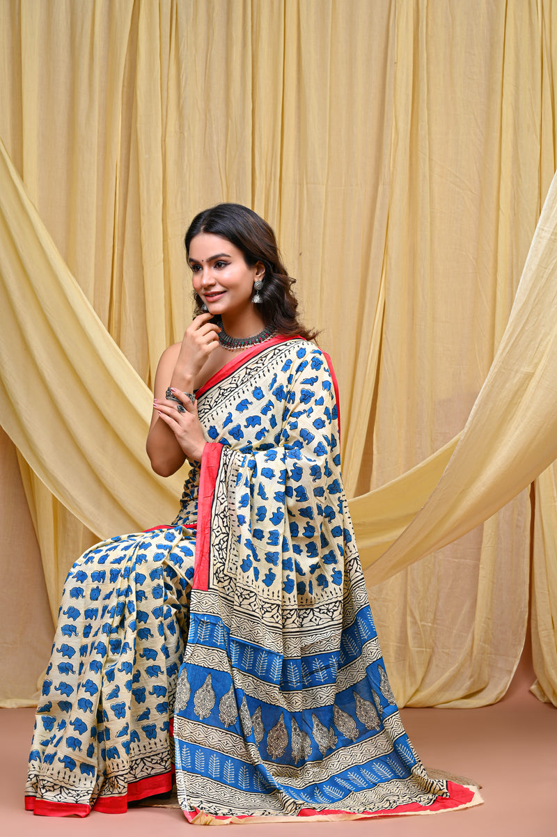 Women's Blue&Pink Elephant Motif Pure Cotton Mulmul Saree - Front View