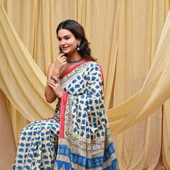 Women's Blue&Pink Elephant Motif Pure Cotton Mulmul Saree - Front View