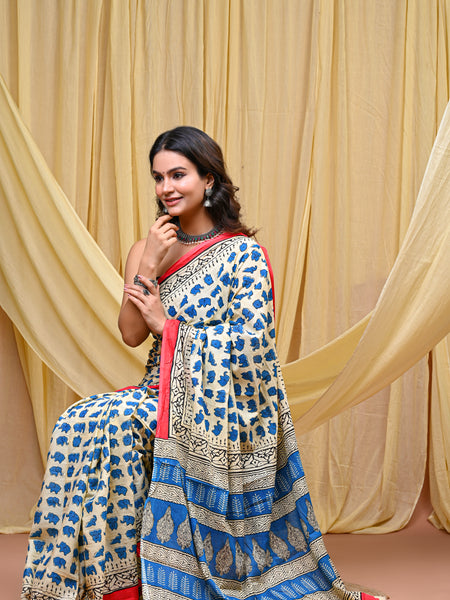 Women's Blue&Pink Elephant Motif Pure Cotton Mulmul Saree - Front View
