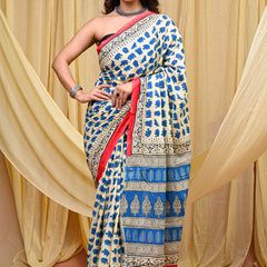 Women's Blue&Pink Elephant Motif Pure Cotton Mulmul Saree - Side / Back View