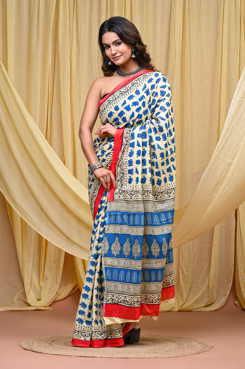 Women's Blue&Pink Elephant Motif Pure Cotton Mulmul Saree - Drape View