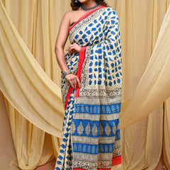 Women's Blue&Pink Elephant Motif Pure Cotton Mulmul Saree - Drape View