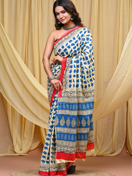Women's Blue&Pink Elephant Motif Pure Cotton Mulmul Saree - Drape View