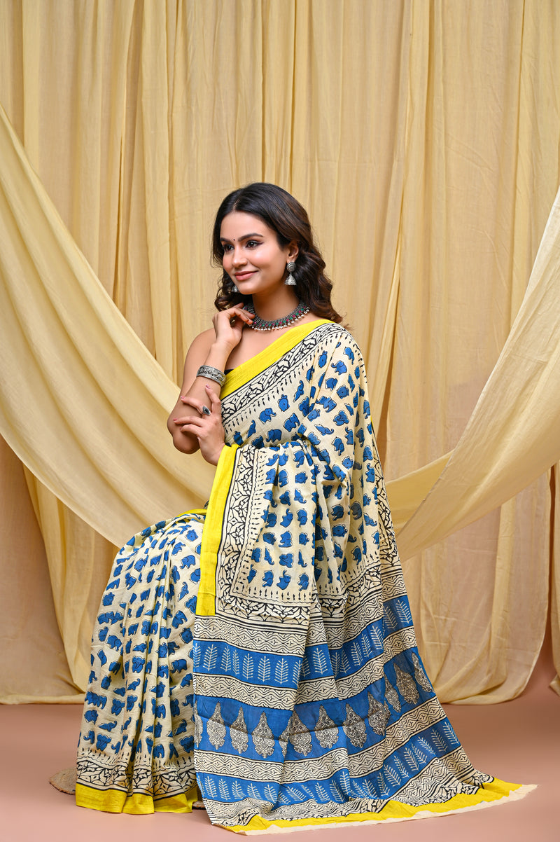 Women's Blue&Yellow Elephant Motif Pure Cotton Mulmul Saree - Front View