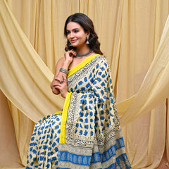 Women's Blue&Yellow Elephant Motif Pure Cotton Mulmul Saree - Front View