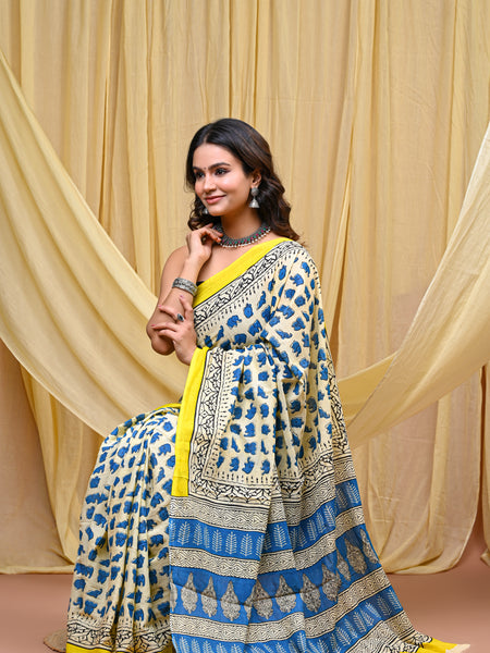 Women's Blue&Yellow Elephant Motif Pure Cotton Mulmul Saree - Front View