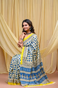 Women's Blue&Yellow Elephant Motif Pure Cotton Mulmul Saree