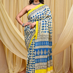 Women's Blue&Yellow Elephant Motif Pure Cotton Mulmul Saree - Side / Back View