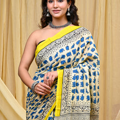 Women's Blue&Yellow Elephant Motif Pure Cotton Mulmul Saree - Detail View